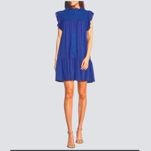 J.Marie Swift Blue with Blue Embroidery Ruffle Neck Dress Medium